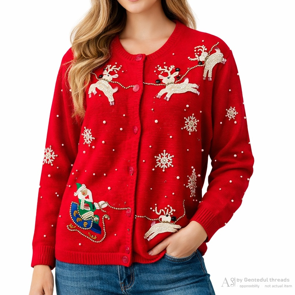 Tabi International Medium Red Beaded Christmas Cardigan Reindeer